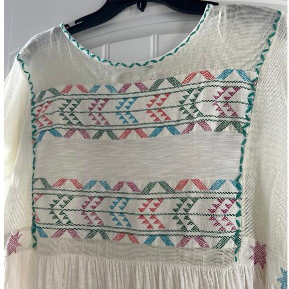 Free People Boho Aztec Pastel Embroidered Flowy Shirt Oversized Size XS - Picture 3 of 6
